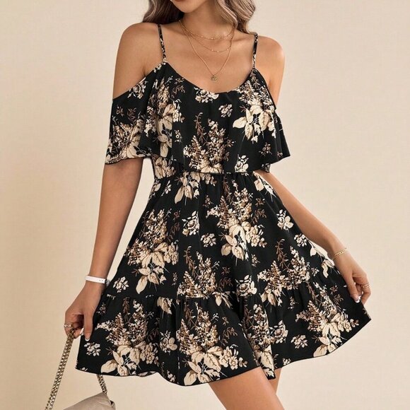 Black Boho Women's Romantic Floral & Plant Print Off Shoulder Ruffle Hem dress - Picture 3 of 7